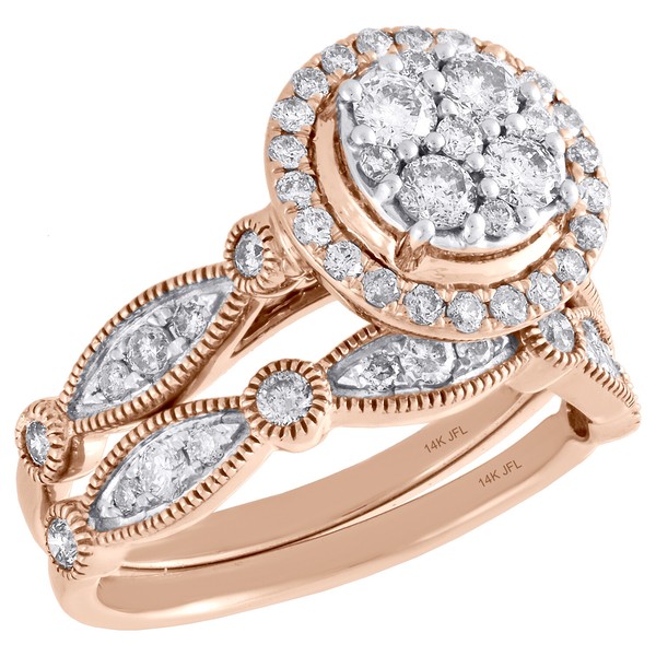 14K Rose Gold Diamant Braut Set Blume Verlobungsring + Ehering 1 Karat-image