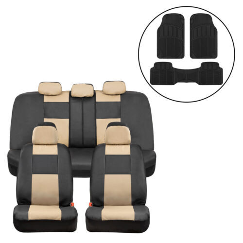 Juego de fundas de asiento de automóvil de cuero PU beige delanteras traseras con tapetes de goma negros - Imagen 1 de 9