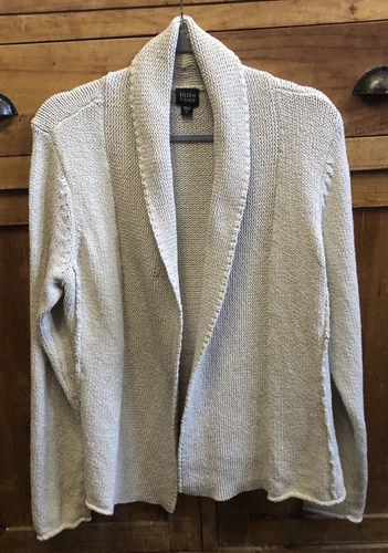 Flax Beige Cotton EILEEN FISHER CARDIGAN SWEATER LaRge Knit Jacket SHAWL COLLAR