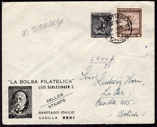 CHILE TO BOLIVIA REGISTERED COMMERCIAL COVER 1947 SANTIAGO - LA PAZ