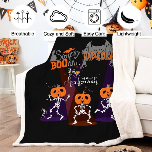 Halloween Sherpa Fleece Blanket Throw, Winter, Warm, Pumpkin Skull Dracula Bat - Picture 4 of 7