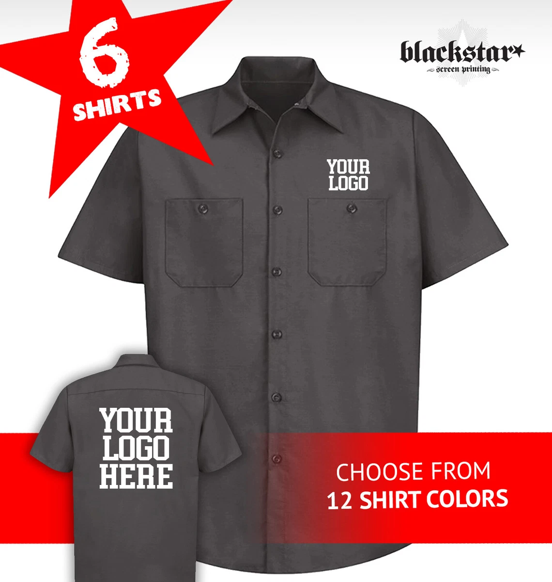 CUSTOM PRINTING WORK SHIRTS RED KAP BRAND 1 COLOR PRINT CHOOSE QTY 12 COLORS