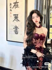 Velvet Floral Beaded Sleeveless Midi Cheongsam Bodycon Dress