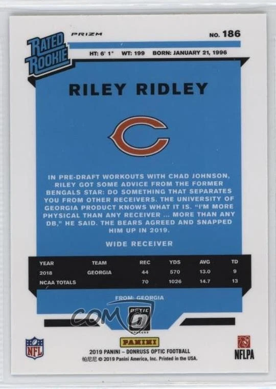 2019 Panini Donruss Optic Rated Teal Velocity Prizm Riley Ridley #186 Rookie RC - Image 2 of 2