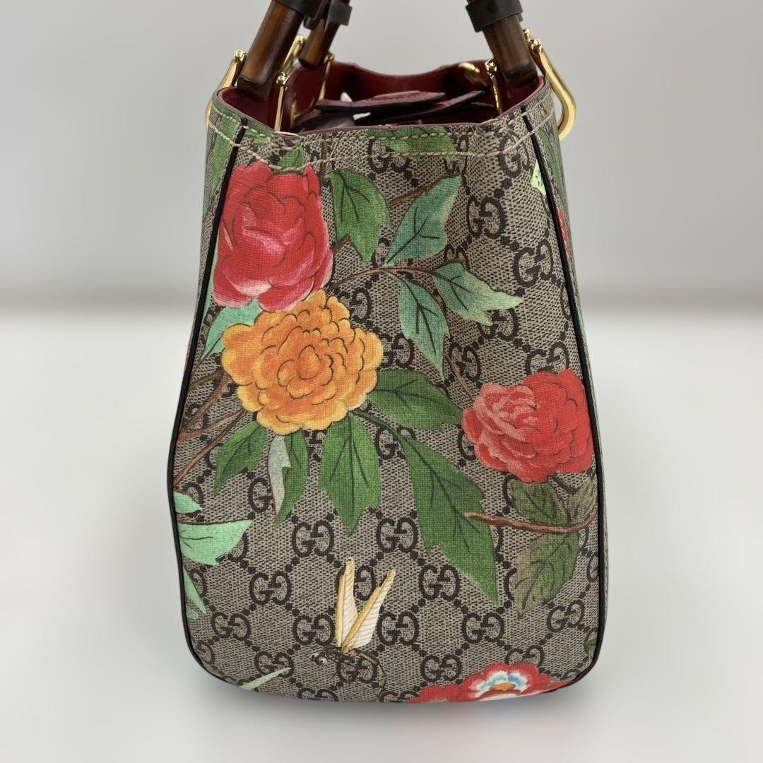 Gucci GG Supreme Flower Bird Tote Bag Bamboo Shopper Used from