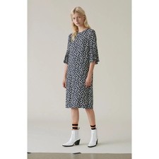 GANNI Roseburg Crepe Dress Midi Total Eclipse Blue Floral Botanical 40 / US 8