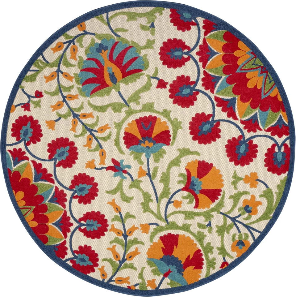 Round Red Floral Outdoor Rug 7ft 10in Multi Color Contemporary Style Soft Pile - Image 3 of 4