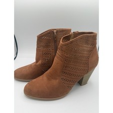 Women Cognac Faux Suede Laser Cut Perforated Ankle Boots Stacked Heel Size 10