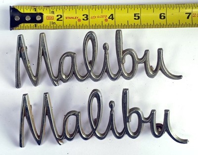 Chevrolet Malibu Script Fender Quarter Panel Emblems Pair OEM GM Chrome Vintage