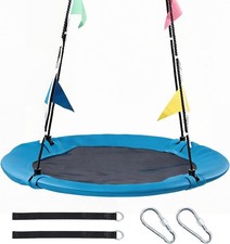 40Inch Blue Round Saucer Tree Swing Set w/Flag Decor Adjustable Hanging Rope
