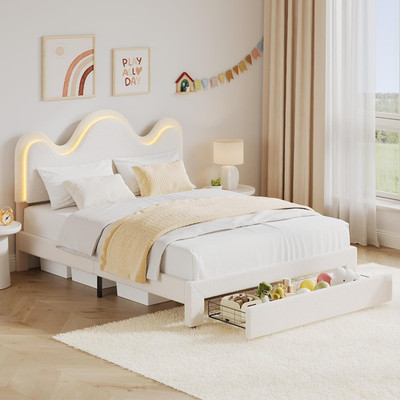 Queen LED Bed Frame with Adjustable Wavy Headboard and Storage Drawer, Upholster