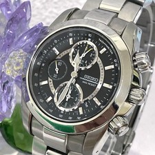 Seiko schwarzes Zifferblatt Chronograph Tachymeter Datum silber Armband Uhr