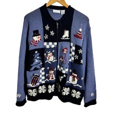 Croft  Barrow Winter Christmas Sweater Cardigan Women L Blue Snowman Full Zip