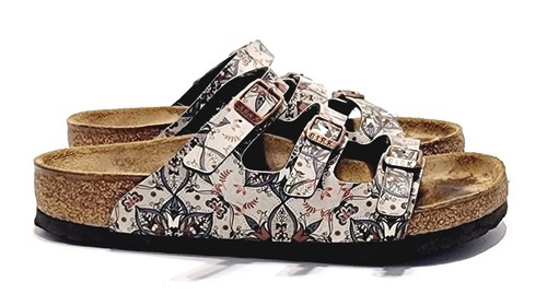 Birkenstock Womens Size 37/6.5 Florida Fresh Boho Flowers Gray Slides Y23-1245