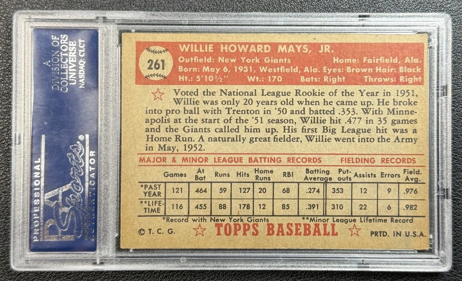 WILLIE MAYS PSA 4 1952 TOPPS BASEBALL #261 GIANTS VG-EX VINTAGE view 4