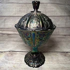 Vintage Fenton Carnival Purple Iridescent Glass Compote Paneled Daisy Candy Dish