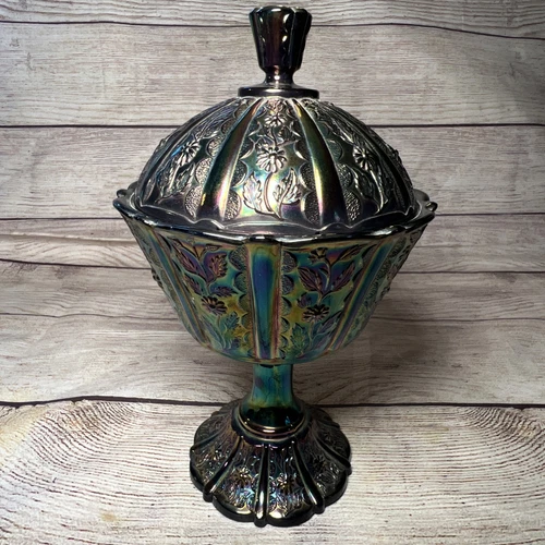 Vintage Fenton Carnival Purple Iridescent Glass Compote Paneled Daisy Candy Dish