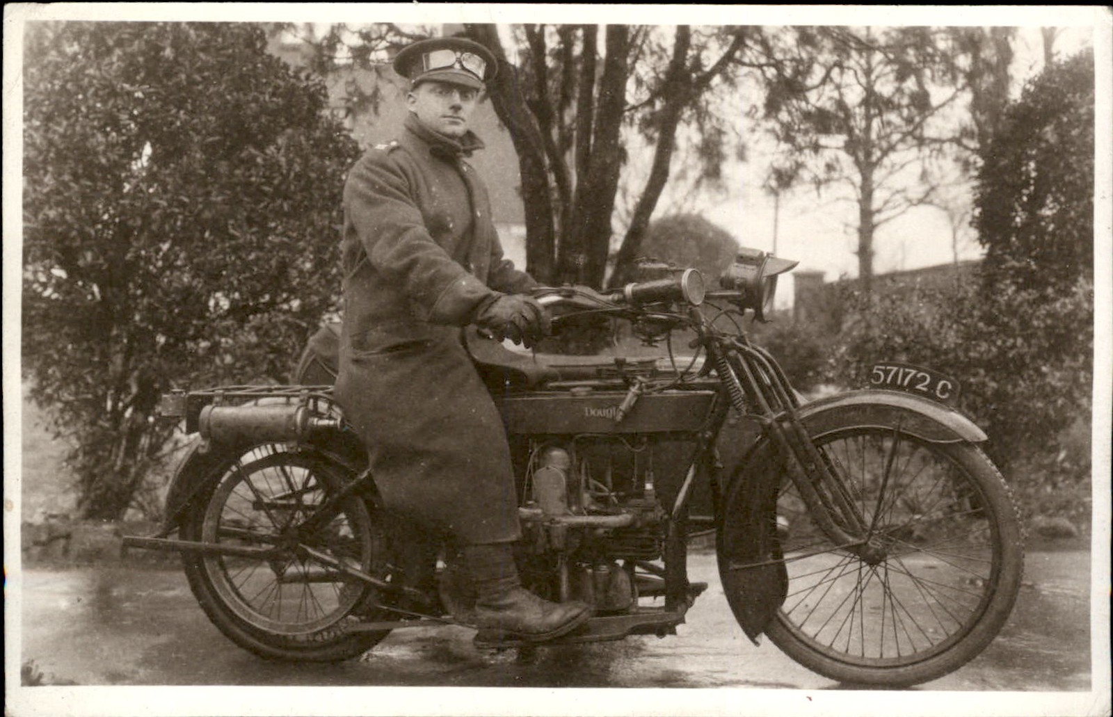 Man Poses atop Douglas Motorcycle WWI Era Real Photo Vintage Postcard