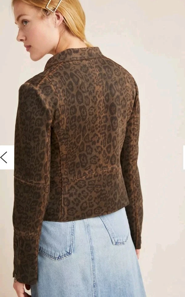 Anthropologie Marrakech Marni Leopard Moto Jacket Sz M Faux Suede Leather Brown - Image 3 of 4