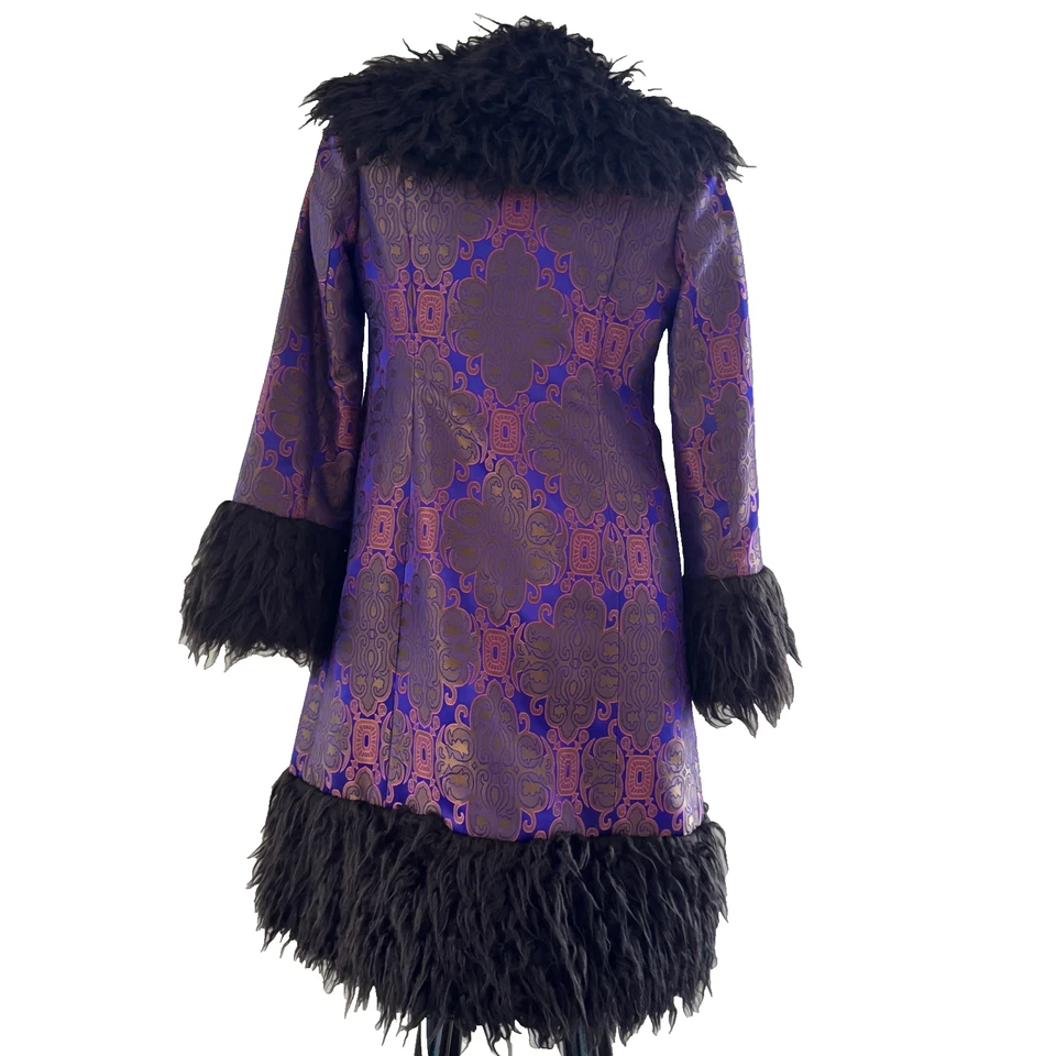 90s vtg VIVIENNE TAM Purple Gold IRIDESCENT Brocade Rave Penny Lane Fur Coat Y2K - Image 3 of 4