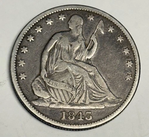 Fine 1843-P Seated Liberty Half Dollar, Silver 50c U.S. Type Coin