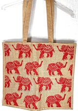 World Market Jute Reusable Shopping Bag India Stamped Elephants 18 1/4" x 15 3/4