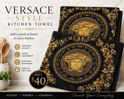 Medusa Kitchen Towel Black/Gold Ornate Cotton Machine Washable