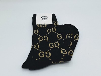 Gucci GG Logo Glitter Socks Black Gold Regular Crew Sparkley