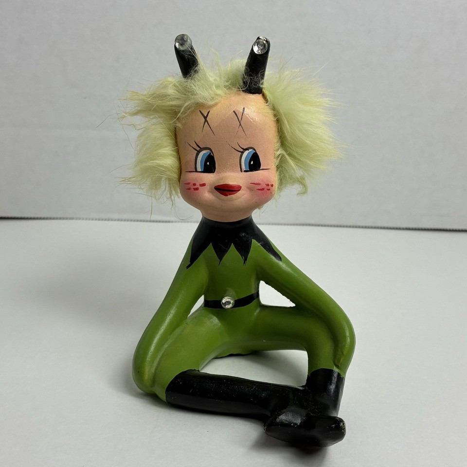 A rare 1960s Enesco 'Moon Girl' pixie with actual fuzzy hair — deeply weird, deeply wonderful, and genuinely hard to find.