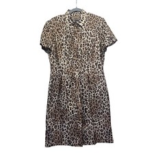 Lennie for Nina Leonard 100% Silk Leopard Print Button Front Shirt Dress 12 Y2K
