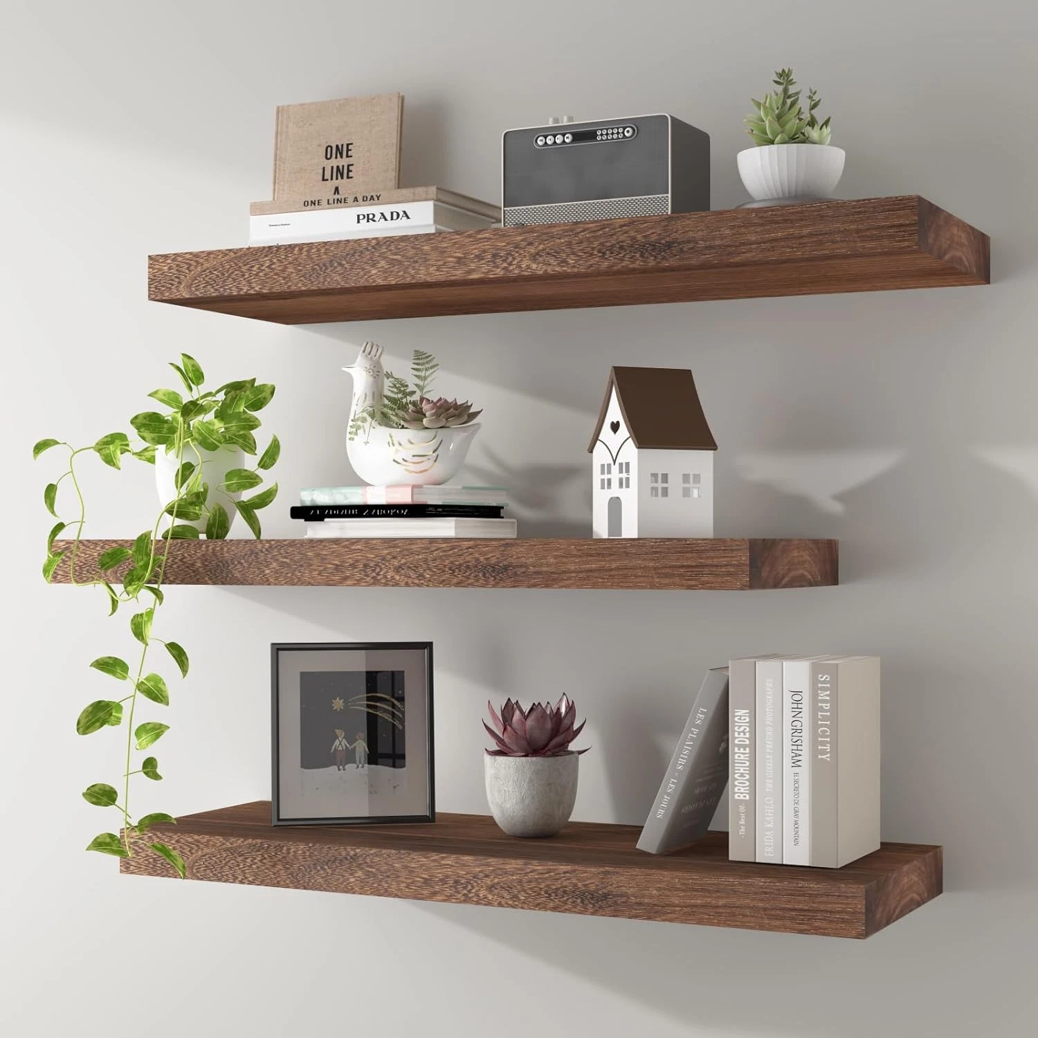 Rustic 24" Floating Shelves - Set of 3 Solid Wood Wall Storage for Home Decor