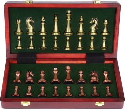 Retro Metal Chess Set with Folding Wooden Chess Board and Classic Handmade Stand