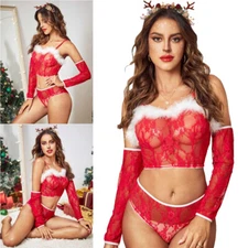 Christmas Sexy Lingerie Santa Costume Babydolls Lace Chemise Red Sleepwear Set