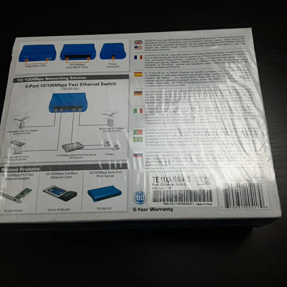 TRENDnet 5-Port 10/100Mbps Ethernet Switch TE100-S5 Brand  Blue new - Image 3 of 4