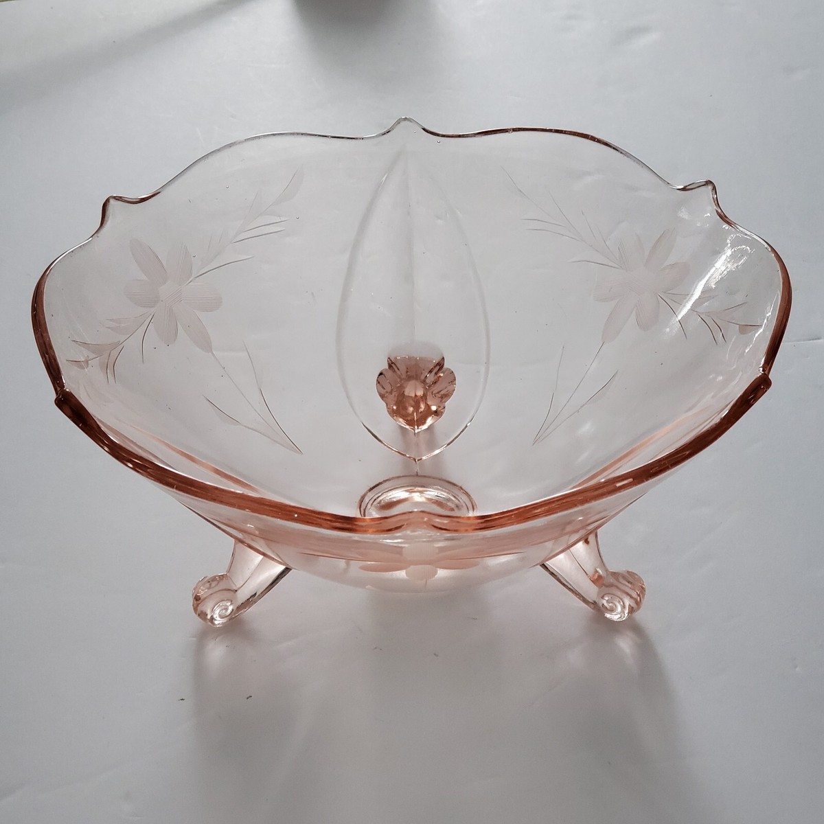 Vintage Pink Depression Glass Bowl 3-Toed Footed Etched Flowers