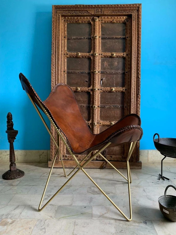 Rústico Retro Metal Industrial Asiento Marrón Vintage Aged Cuero Mariposa Silla - Imagen 3 de 4