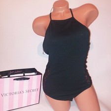 Victoria Secret Lingerie Medium Teddy Babydoll One Piece Bodysuit Black Crochet