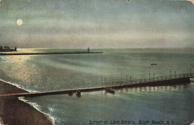 Sunset on Lake Ontario Olcott Beach New York NY Dock c1910 Postcard