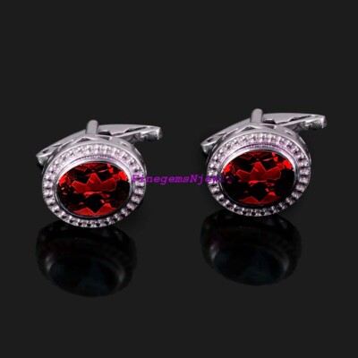 Natural Oval Cut Garnet Gemstone 925 Sterling silver Cufflinks For Men's #409