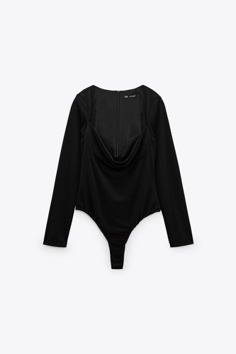 ZARA SEXY Black Drape Neck FITTED Lowcut Layer Blouse Top S REF 3152/500