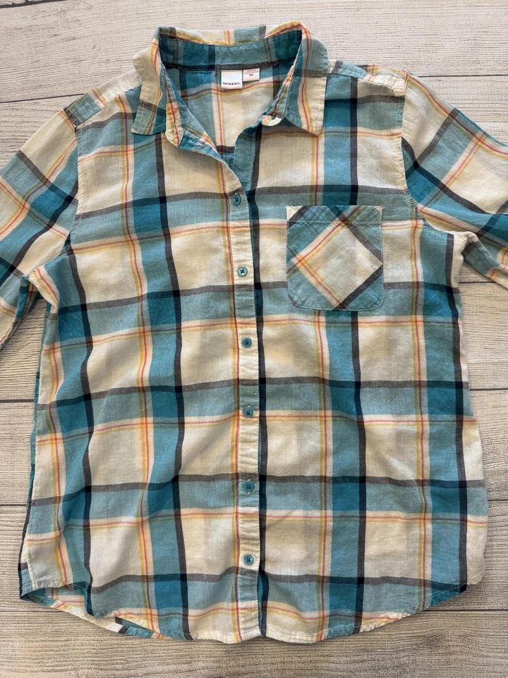 Camisa Bongo feminina média azul-petróleo xadrez botão para baixo manga longa casual algodão - Imagem 3 de 4