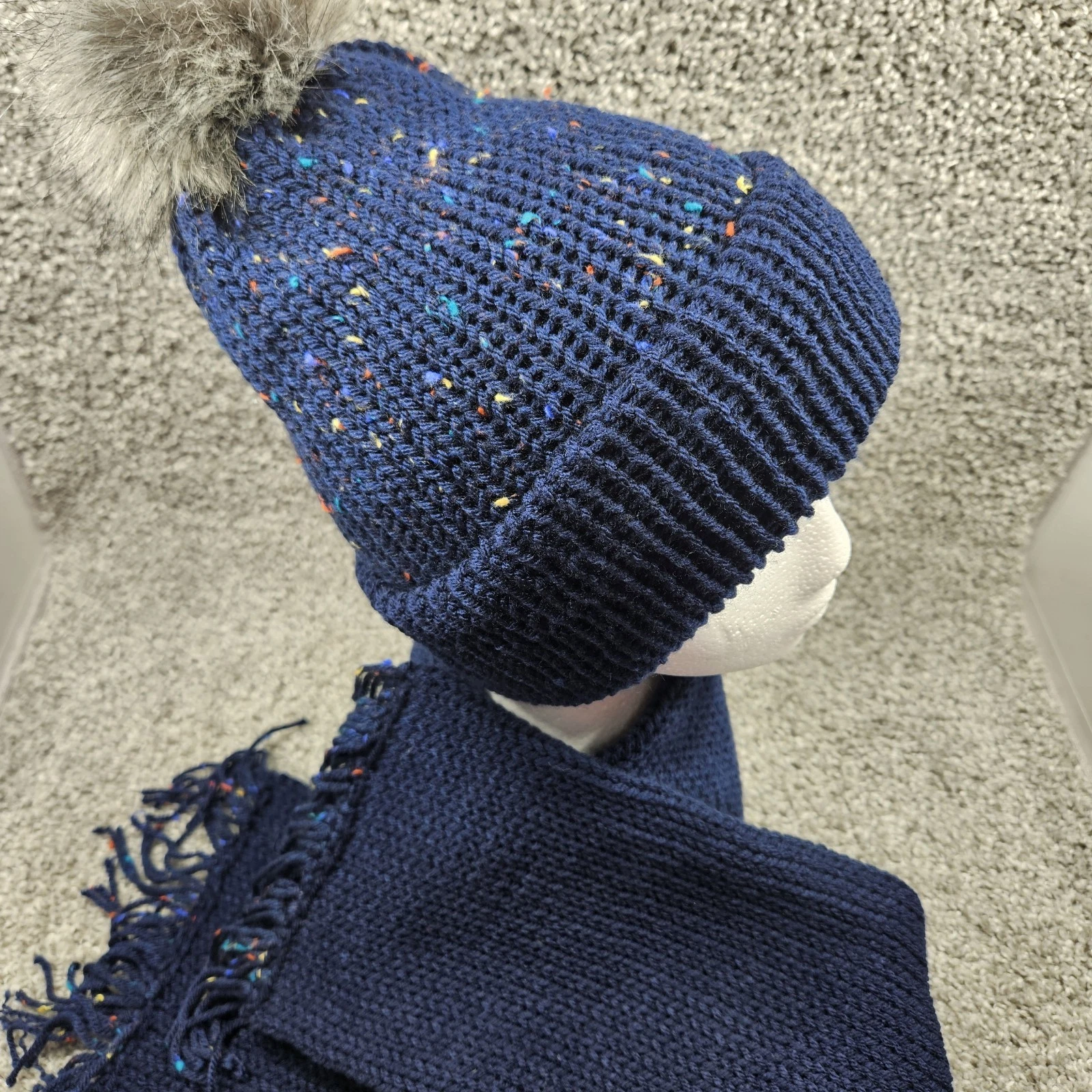Handmade Beanie Hat & Scarf. Adult M Blue Comfey Warm Double Layer Pom Pom