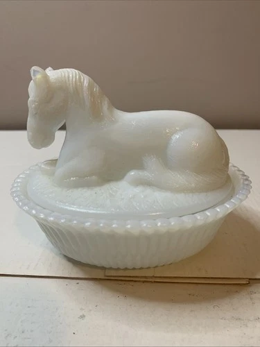 VTG Milk Glass Horse Covered Dish RABBIT INSIDE Trinket Candy Westmoreland