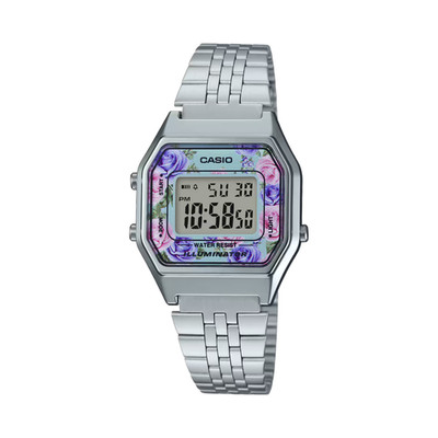 Casio LA680WA-2C Women's Silver Floral Digital Alarm LED Backlight Stopwatch