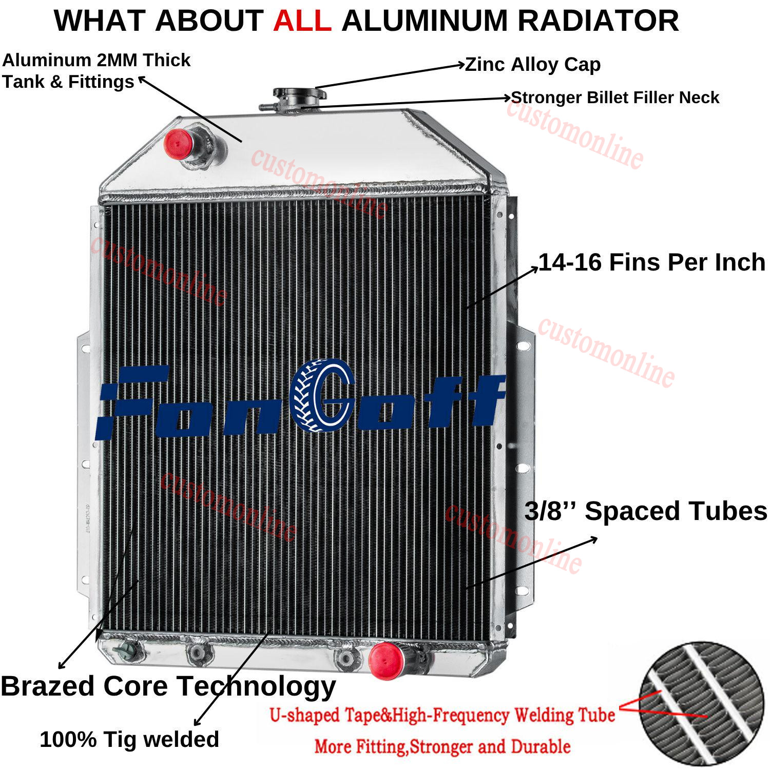 Aluminum 3 Core Radiator For 1942-1952 1950 Ford F1 F2 F3 Pickup Chevy V8 Config