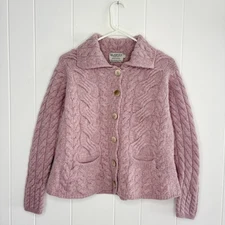Blarney Woollen Mills Pink Cable Knit Merino Wool Cardigan Sweater Ireland Med