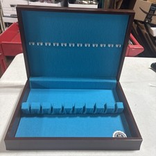 International Silver ~ WOODEN SILVERWARE CHEST~ Aqua Lining ~ Tarnish Resistant