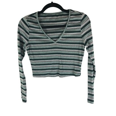 Shein Womens Striped V-Neck Long Sleeve Crop Top Green White Ribbed Size M 