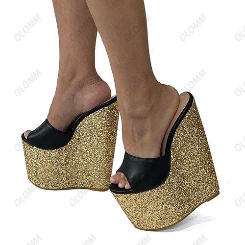 Sandalias de plataforma para mujer con tacones de cuña ultra altos de brillo dorada club nocturno - Imagen 6 de 16