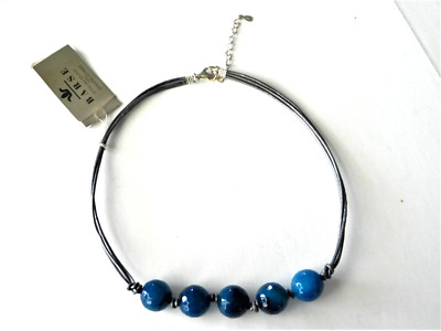 BARSE  Sterling Silver and  Blue Agate Beaded Leather  Necklace MSRP $38